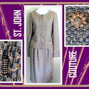 St. John Couture Knit Skirt Suit Blue/Gold
